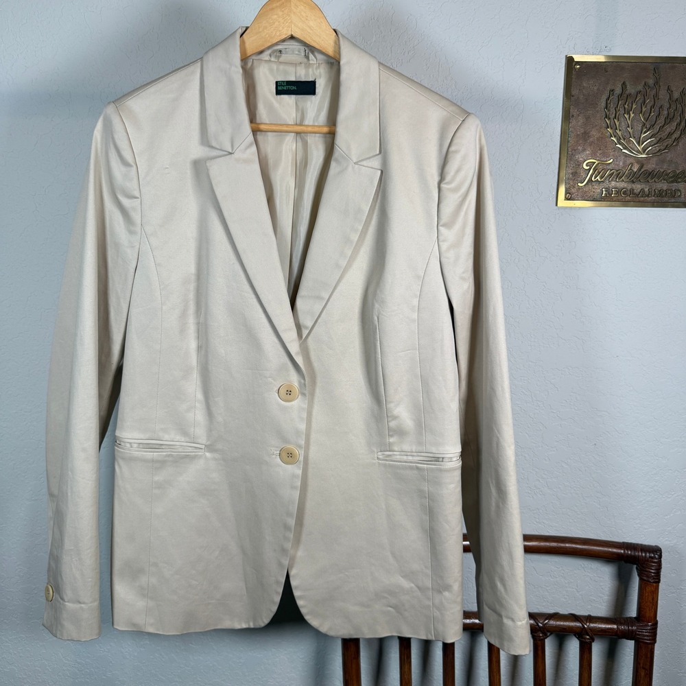 Stile Benetton Womens Beige Cotton Blend Two Button Tailored Blazer Jacket Sz 10 - Picture 2 of 10